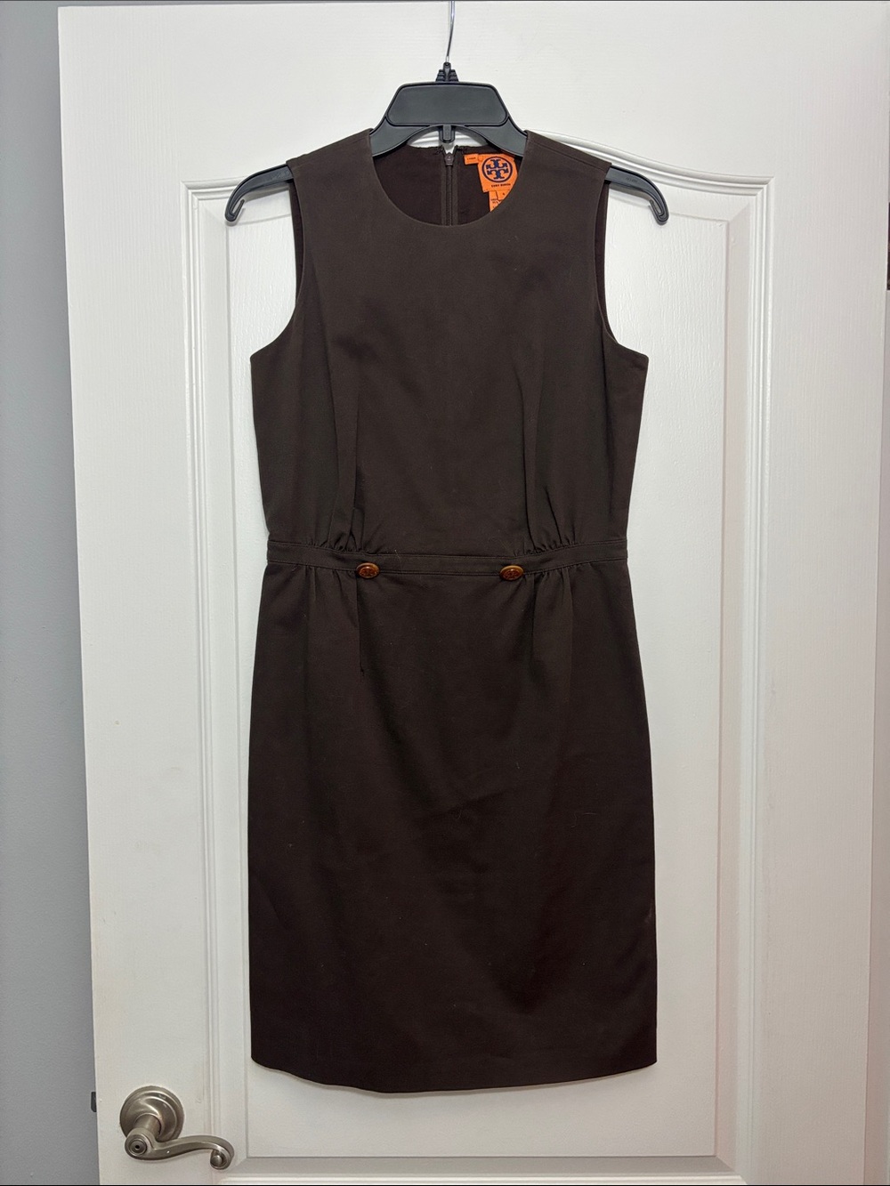 Tory Burch Dark Brown Sleeveless Sheath Dress with Button Waist Detail
